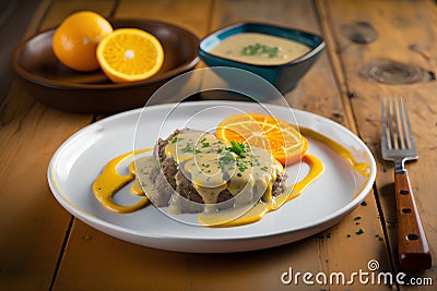 Sliced Ã¢â‚¬â€¹Ã¢â‚¬â€¹meatloaf with orange sauce on a wooden table Stock Photo